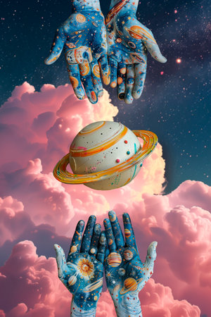 Hands with planets and stars in the sky. 3d renderingの素材