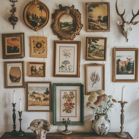 Vintage photo frames on a white wall in a room with a deerの素材