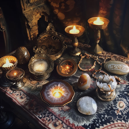 Burning candles in the interior of an old house. Vintage style.の素材