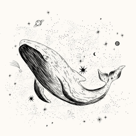 Hand drawn illustration of a whale in the starry sky. Vector.のイラスト素材