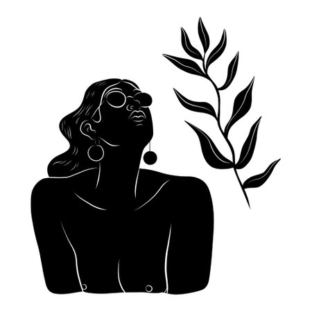 Vector illustration of a woman silhouette on a white background with leaves.のイラスト素材