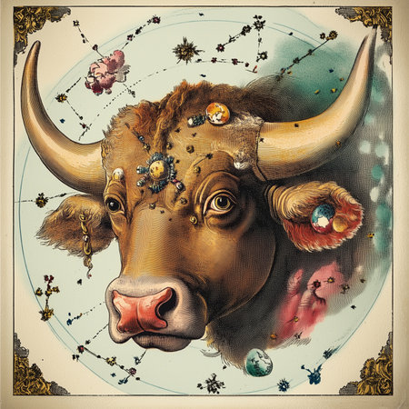 Vintage engraving of a bull head with ornamentsの素材