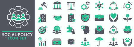 Social Policy web icons. Education, government, welfare, reforms, medicine, collection. Vector illustration.のイラスト素材