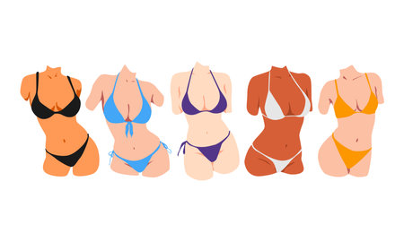 set of female body in bikini. slim bodies of women wearing swimsuits. different poses, skin color, clothing color. flat vector illustration.のイラスト素材