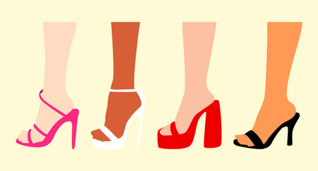 set of women's feet wearing shoes, heels. different skin color and footwear color. side view. flat vector illustration.のイラスト素材