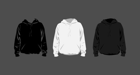 set of hoodie with black, white color, and silhouette style, isolated on grey background, vector flat illustration.のイラスト素材