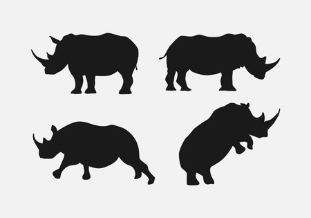 rhino silhouettes collection set. for print, icon, logo, sticker, and other designs. monochrome vector illustration.のイラスト素材