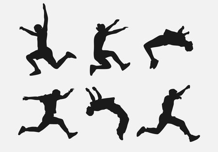 young men doing parkour. different techniques, poses, movements, actions in silhouette style. vector illustration.のイラスト素材