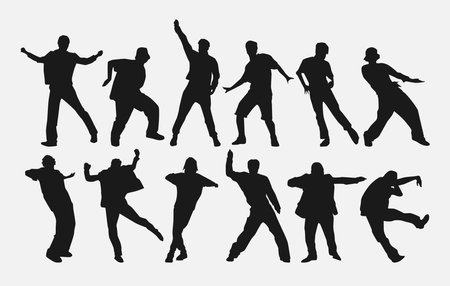 set of male dancer silhouettes. street dancers with various different styles, poses, movements. vector illustration.のイラスト素材