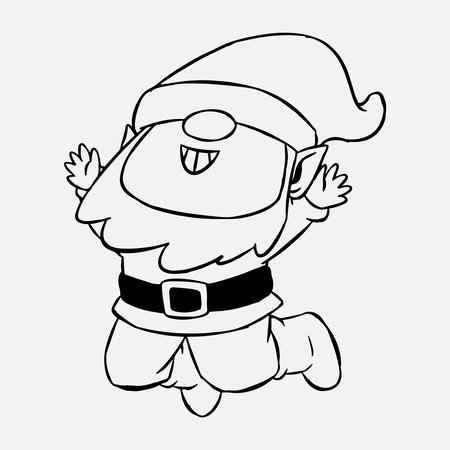 dwarf cartoon character with happy expression. gnome in a jumping pose. line art style. vector illustration.のイラスト素材