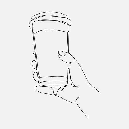 continuous line drawing of a hand holding coffee in a paper coffee cup. one single line. graphic design vector illustration.のイラスト素材