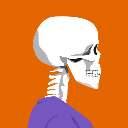side view skeleton wearing shirt in profile. halloween theme, avatar, social media profile, print. flat vector illustration.のイラスト素材