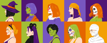 set of multiple people woman faces with different horror costumes and makeup in profile. avatar side view. vector flat illustration.のイラスト素材