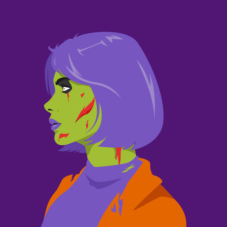 face of zombie girl with short hairstyle and many wounds on face in profile. halloween avatar side view. flat vector illustration.のイラスト素材