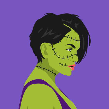 Green monster girl with many stitches, scar face in profile. halloween theme, side view, avatar, portrait, horror. modern flat vector illustration.のイラスト素材