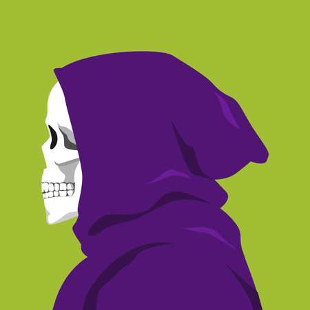 Grim reaper face in profile. halloween theme, side view, avatar, portrait, skull, horror. modern flat vector illustration.のイラスト素材