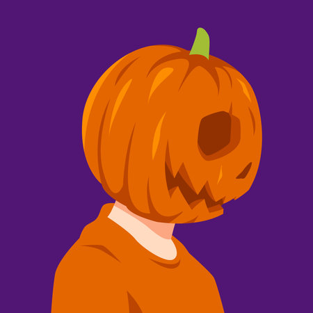 people wearing halloween pumpkin on his head. pumpkin head in profile. side view. cool, creepy. for halloween, avatar, social media profile, print. flat vector illustration.のイラスト素材