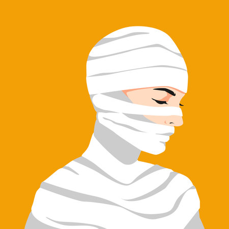 portrait of a woman wear mummy costume in profile. halloween theme, side view, avatar, horror, costume. modern flat vector illustration.のイラスト素材