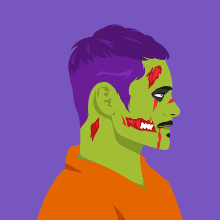 zombie man with a short hairstyle, a mustache and many blood, wounds on his face in profile. halloween avatar side view. flat vector illustration.のイラスト素材