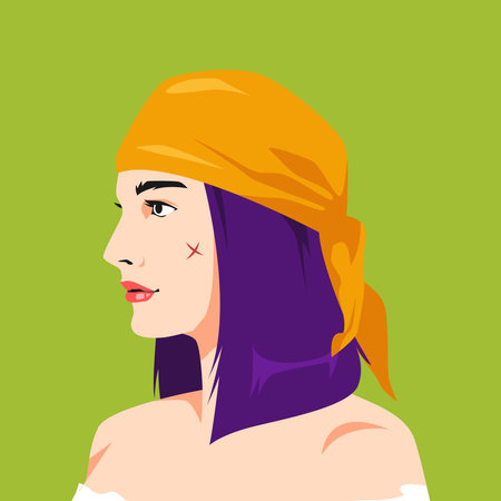 portrait of beauty girl wearing bandana, look like a pirate and has a wound on her cheek. side view. for halloween, avatar, social media profile, print. flat vector illustration.のイラスト素材