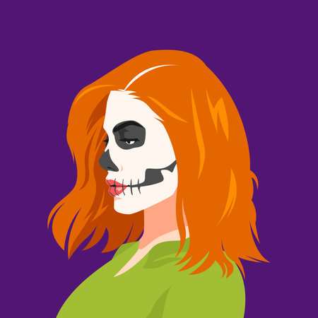 beautiful girl with skull face makeup for halloween theme in profile, avatar, side view. modern flat vector illustration.のイラスト素材