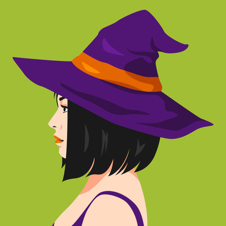 beautiful short hair girl wearing witch hat in profile, avatar, side view. witch, halloween. modern flat vector illustration.のイラスト素材