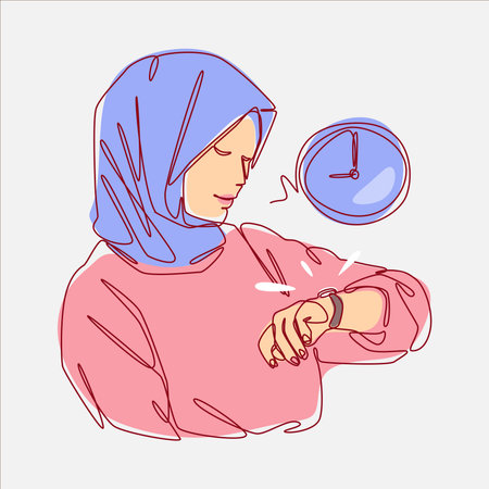 continuous line drawing of a muslim woman looking at a watch. editable stroke and colored. vector illustration.のイラスト素材