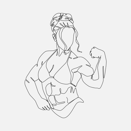 Female bodybuilder showing her bicep muscle. Continuous one line drawing. Editable stroke. Workout sport gym fit body concept. vector illustration.のイラスト素材
