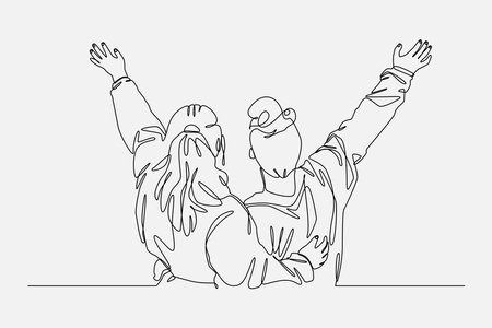 two women embracing each other. back view. concept of friendship, relationship, best friend. editable stroke. continuous line drawing style illustration.のイラスト素材