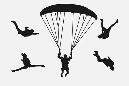 Skydiving set silhouettes. Skydiver, parachute, extreme sport. Different pose, gesture. Isolated background. Vector illustration.のイラスト素材
