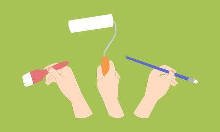 pose of hands painting a wall using a brush and paint roller. green background. colored vector flat illustration.のイラスト素材