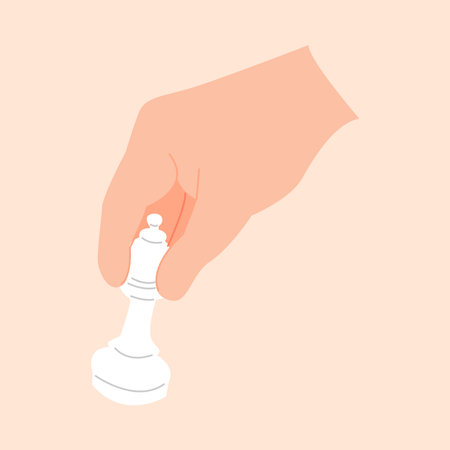 hand holding and moving chess piece. play chess. editable stroke. flat vector illustration.のイラスト素材