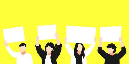 set of protesters lifting, holding blank board. isolated on yellow background. copy space vector...