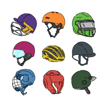 Set colored line drawing of sports helmet. Cricket, skate, american football, ski, bike, jockey, ice hockey, headguard. baseball helmet. Isolated on white background. Vector illustのイラスト素材