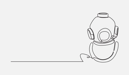 Continuous one line drawing of old diving scuba helmet. Vintage, underwater concept. Editable stroke vector.のイラスト素材