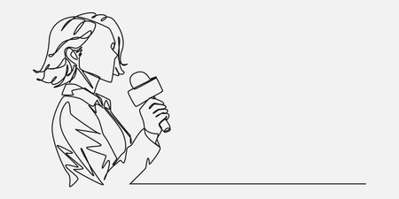 Continuous one line drawing of female reporter, journalist with a news microphone in hand. Isolated background. Vector illustration.のイラスト素材