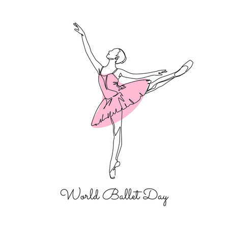World Ballet Day. Ballerina female dancer in continuous one line drawing style with text. Isolated on white background. Vector illustration.のイラスト素材