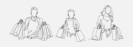 Set continuous one line drawing of people shopping. Men, women, and kid carrying shopping bag. Editable line vector illustration.のイラスト素材