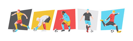 Set of male football players, soccer athlete. Isolated on white background. Flat graphic vector illustration.のイラスト素材