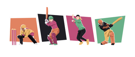 Set of male cricket athlete players with different poses. Isolated on white background. Flat character vector illustration.のイラスト素材