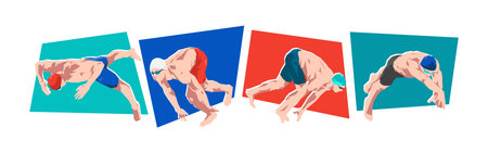 Set of male swimmer character in action. Isolated on white background. Flat vector illustration.