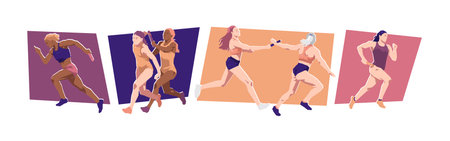 vector set of relay race. female athlete. sport, running. flat vector illustration.のイラスト素材