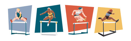 Hurdling female athlete characters. Sport, running, race concept. Cartoon flat vector illustration.のイラスト素材
