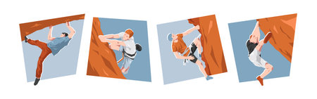 Rock climbing. Male athlete characters. Extreme sport, mountaineering. Flat vector illustration.のイラスト素材