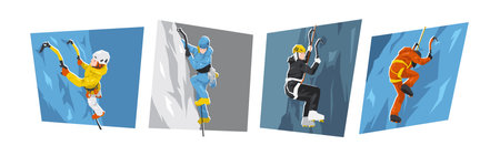 Ice climbing. Female athlete characters. Winter sport, extreme, outdoor. Flat vector illustration.のイラスト素材