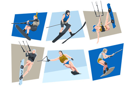 Illustration of female characters water skiing, wakeboarding and kitesurfing. Water sport concept. Flat vector cartoon.のイラスト素材