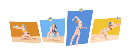 Female beach volleyball player character set illustration. Sport, game, summer. Flat cartoon vector graphic.のイラスト素材