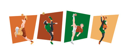 Set of female sepak takraw players in various moves. Cartoon flat vector illustration.のイラスト素材