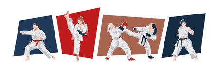Set of female karateka in action, dynamic pose. Sport, karate, martial arts. Cartoon flat vector illustration.のイラスト素材