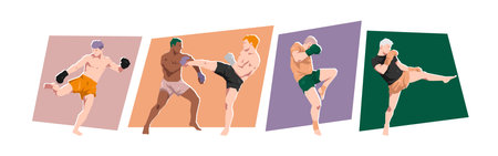 Set of male muay thai, kickboxer fighter, athlete in combat pose. Sport, martial arts. Cartoon flat vector illustration.のイラスト素材